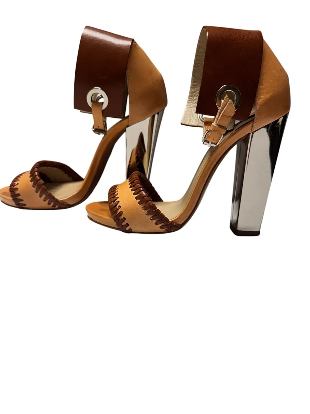Etro Brown and Tan Braided Retro Diisco 70's whipstitch leather Leather Heels